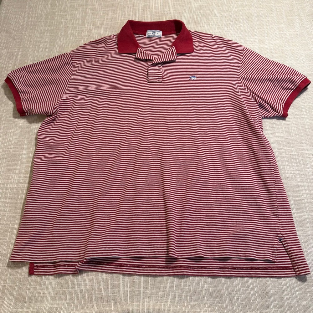 Southern Tide Mens XXL Red White Striped Skipjack Polo Shirt Short Sleeve Cotton